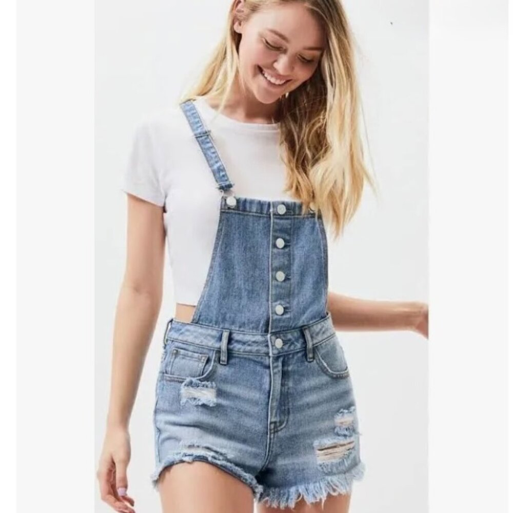 PACSUN BIB DISTRESSED OVERALL SHORTS SM GREAT COND